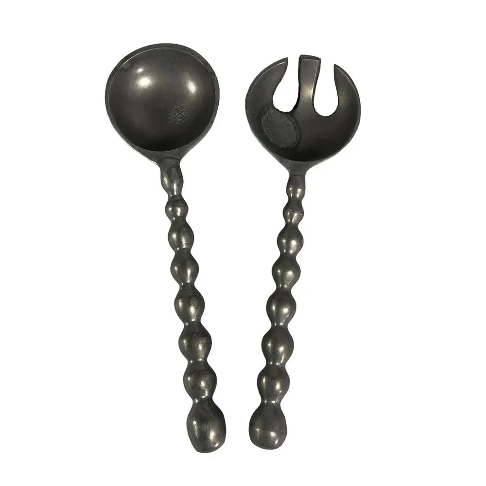 Retro Metal Pewter Salad Servers Serving Utensils Set MCM Rustic Grey Gray